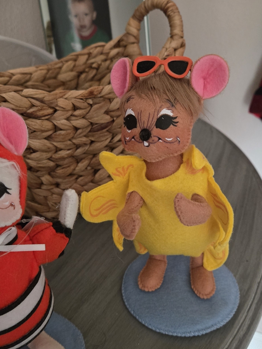 Annalee Brown Mouse with Yellow Outfit, Pink Ears and Orange Sunglasses